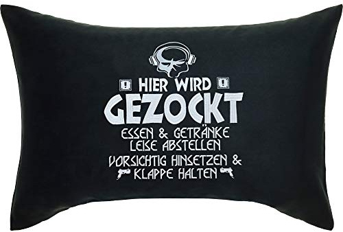 Hier wird gezockt Kissen mit Bezug & Sprüchen 40x60cm Geschenk Gamer Deko Zocker Sessel Zubehör Wohnzimmer Dekokissen mit Füllung Zierkissen Schwarz Couchkissen Sofakissen groß Polsterüberzug
