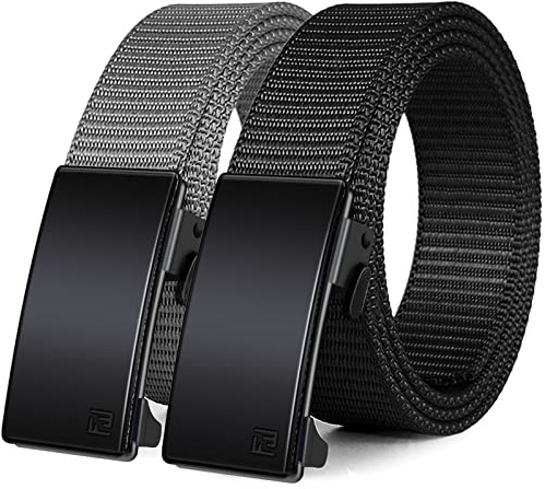 WONDAY Ratchet Belts for Men 2 Pack, Nylon Web No Hole Automatic Buckle, Heavy Duty Work Belt for Golf Tactical Outdoor Hiking