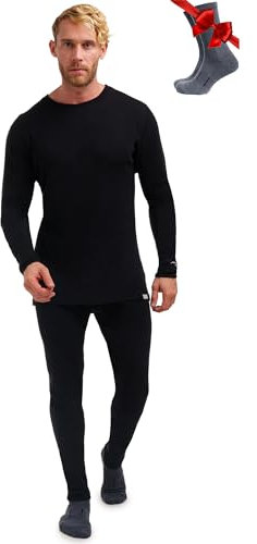 Merino.tech Merino Wool Baselayer Herren Set - Mittelschwer Merino Wool Thermounterwäsche für Herren Long John Set - Oben und Unten (Large, 250 Black)