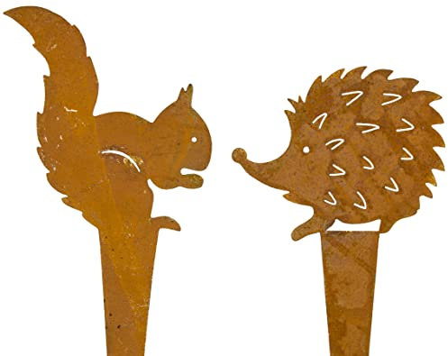 B2S BACK2SEASON 2 x Metall Stecker Eichhörnchen und Igel Rost Herbstdeko Garten Topfdeko 2er Set