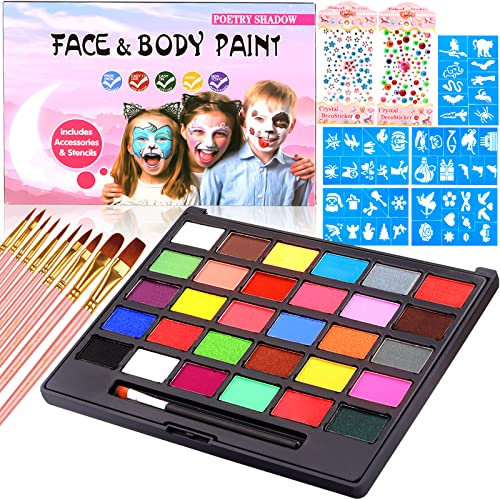 MULEVIP Body Painting,Pittura Corpo, 30 Colori Truccabimbi Kit con 50 Stampini e 10 Pennelli, 400 Gemma, Halloween Make Up,Body Painting Colori,Coloranti Naturale e Sicuro, Feste, Trucco Make-up