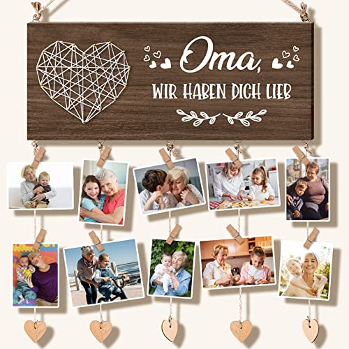 Oma Geschenke Bilderrahmen, Muttertagsgeschenk Oma Geburtstagsgeschenke Wand Bilderrahmen mit 10 Fotohalter Clips Oma Geschenke von Enkelkindern DIY Holz Collage Fotohalter für Heimdekoration