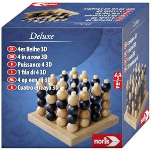 Noris 606102033 - Deluxe 4er Reihe 3D aus Holz - Spiele-Klassiker in hochwertiger Holz-Ausführung mit 64 Kugeln, für Kinder ab 6 Jahre und Erwachsene, Strategie-Spiel für 2 Spieler