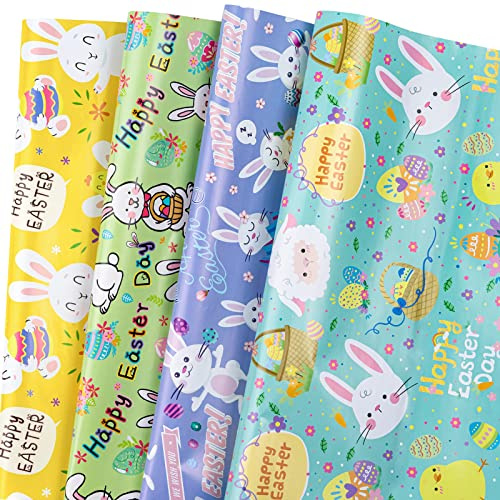 LeZakaa Oster-Geschenkpapierbogen – 12 Blatt mit 4 verschiedenen Osterhasen-Designs für Kinder, Jungen, Mädchen – 69,8 x 49,8 cm pro Bogen