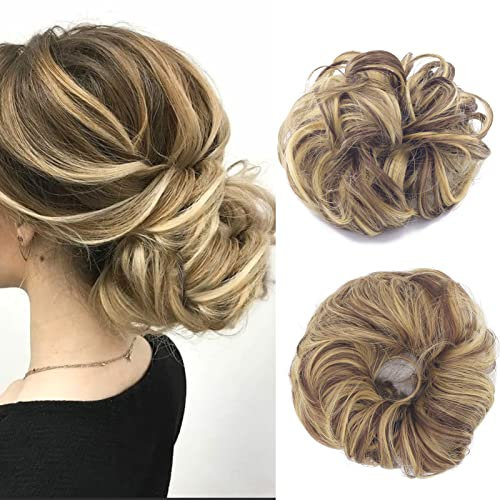 Cybelleza Haarteil Haargummi Haarverlängerung Pferdeschwanz 35g Haarteil Mit Gummiband Dutt Updo Hochsteckfrisuren Gelockt Haarband Gewellt Lockiges Messy Bun für Damen (Blond & Brünett)