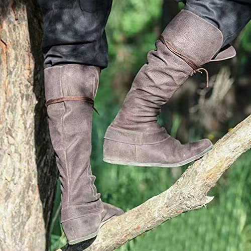 Medievale Retro Tacco Piatto Casual Stivali Retro Imitazione PU Cuoio Cavaliere Stivali Uomini e Donne Stivali in Pelle, 35-48(marrone,40)