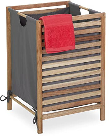 Relaxdays, Natur/grau Wäschekorb Holzgestell, 60 L Stoffbeutel, HxBxT: 63,5 x 43 x 43 cm, ohne Deckel, Wäschesammler, Holz