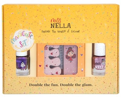Miss Nella Metallic MANICUTE - Set unghie per bambini + 2 smalti Miss Nella, adesivi per unghie, tatuaggi, lima per unghie e separatori per dita, progettato per mani e dita dei bambini