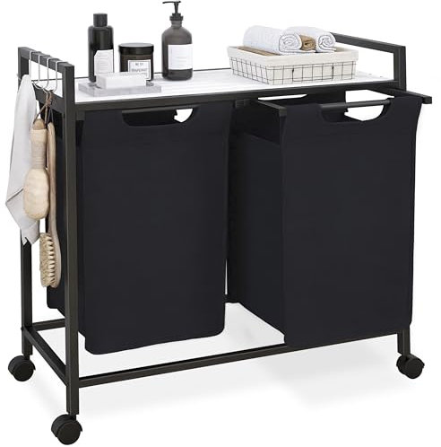 STELLSTAR Laundry Hamper with Wheels, Large 2×50L Laundry Basket with 2 Pull-Out and Removable Bags, Bathroom Laundry Sorter Cart with Metal Frame, Bamboo Top and 4 Hooks for Clothes, White and Black