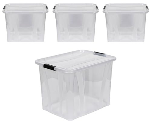 Kreher® XL Aufbewahrungsboxen mit Deckel aus Lebensmittel-geeignetem Kunststoff in Transparent. Stapelbare Lagerboxen für Haushalt, Garage, Industrie (55 Liter, 4er Set)