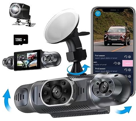 Dashcam de 360°, Dash Cam Coche con 4 Camaras FHD 1080P Delantera y Trasera Izquierda Derecha, Camara Coche Grabadora con WiFi, Modo de Estacionamiento 24 Horas, con Visión Nocturna y Sensor G y 128GB
