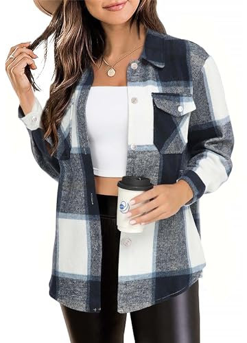 Timuspo Veste chemise à carreaux en flanelle pour femme - Manches longues - Coton - Revers - Blouse boutonnée - Manteau shacket, bleu, L