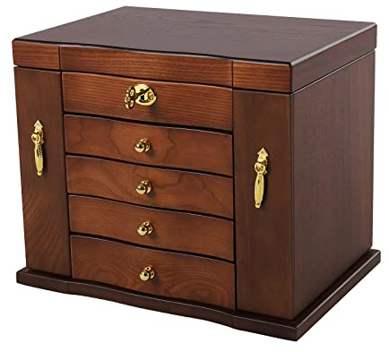 GramStudio 5 Schichten Retro Schmuckkästchen, Braune Schmuckschatulle aus Holz, Organisatorin für Frauen mit Mit Spiegel und 4 Schubladen, Großes Fassungsvermögen