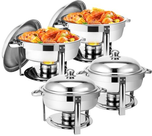 YORKING 4 Pack 5QT Chafing Dish Buffet Set, Round Chafers for Catering with Lids, Stainless Steel Buffet Servers and Warmers Set, Food Warmer for Parties Weddings Catering and Dinners