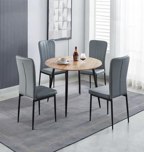 Hallowood Furniture Cullompton Industrial Dining Table and Chairs Set 4 | Brown Oak Effect Top Round Kitchen Table and Chairs in Grey Faux Leather Upholstery and Metal Legs for Home, Office & Café