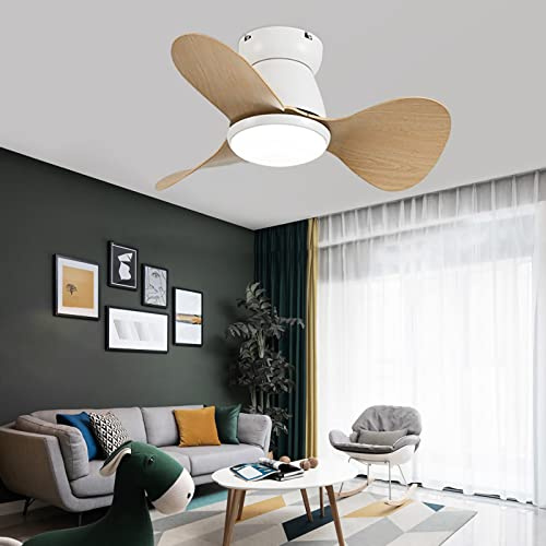 YFHKWJ Kleiner Deckenventilator Mit Licht Und Fernbedienung Modernes Design DC Motor Für Kinderzimmer Schlafzimmer Mit Timer 6 Windgeschwindigkeiten-White wood grain