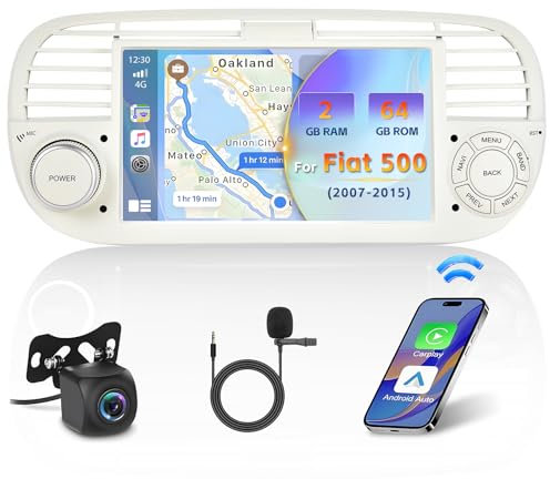 Inefala 2G+64G Android 15 Autoradio per Fiat 500 2007-2015 con Wireless Carplay Android Auto, 7 Pollici Schermo Stereo Auto Bluetooth con GPS, WiFi, HiFi, FM/RDS, Mic, CANBUS, Retrocamera