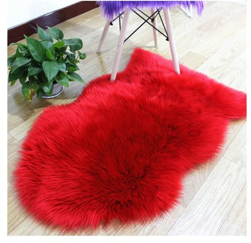 Hrlace Lammfell Schaffell Kunstfell Teppich - Longhair Weiche Flauschig Stuhlauflage Nachahmung Wolle Bettvorleger Sofa Matte für Stuhl Schlafzimmer Rot 60x90cm