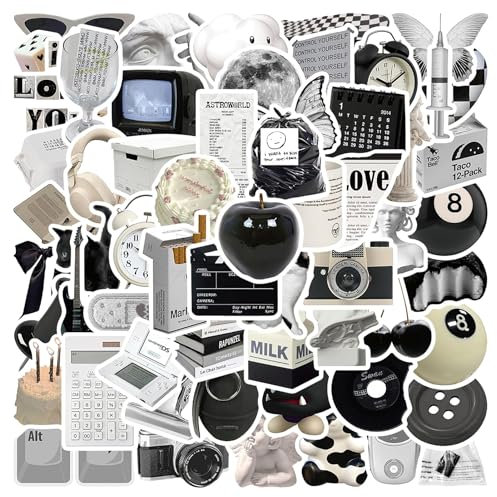 Sakerr Retro-Cartoon Black White Stickers, 121Pcs PVC Waterproof Kindle Stickers for Laptop, Phone, Skateboard, Cups