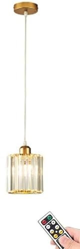 ANUOMY 1 Pack Battery Operated Pendant Light with Remote, No Wiring Rechargeable Hanging Lamp,Modern Crystal Glass Shade Pendant Lighting Fixture Gold for Farmhouse Living Room Kitchen Island