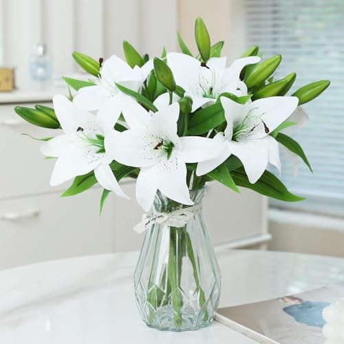 JOSON Lot de 6 lys artificiels de Pâques - Ne se décolore pas - Pour mariage, réunion de famille, décoration de bureau (blanc)