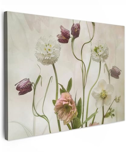 MuchoWow© Leinwandbild 80x60 cm Dekoration Wohnzimmer Vintage Bilder Aufhängen Wall Decoration Living Room Wohnungs Deko Moderne Blumen - Frühling - Garten - Trockenblumen
