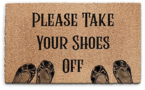 Please Take Your Shoes Off Doormat (45cm x 75cm) Small, Emily in Paris Style Font Front Door Mat, Coconut Core Fibre Heavy Duty Mat, Rug, Indoor Natural Coir Mat, Wide
