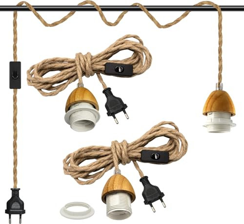 Industrielle Pendelleuchte Kit mit Schalter, 2 Stück Retro E27 Lampefassung mit Kabel 510cm,Vintage Hängelampe mit Stecker, Rustikal Hanfseil Lampenkabel, Lampenschirm DIY, für Schlafzimmer Küche