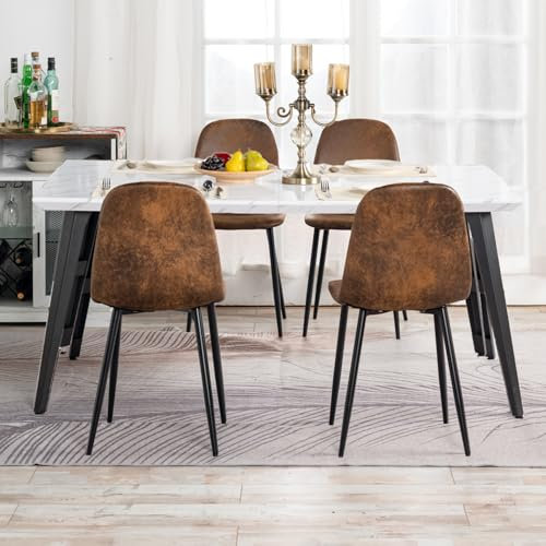 FurnitureR 5-teiliges Vintage-Esszimmer-Set, rechteckig, Marmortisch, weißer Tisch mit 4 Esszimmerstühlen aus Wildleder