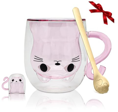 Yuragim Süße Katzen Tasse mit Henkel&Löffel 300 ml Doppelwandige Gläser Tasse Katzenbecher Kaffeetasse Teegläser Katzentasse Geschenke für Frauen Frau Katzenliebhaber Geburtstag Valentinstag Muttertag