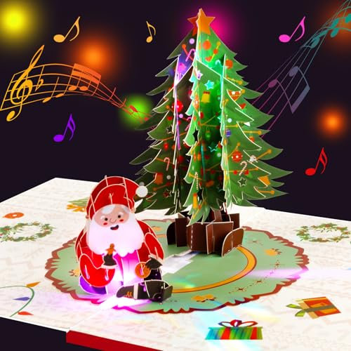 3D Pop-Up Weihnachtskarte mit Musik und LED-Beleuchtung, Santa Claus und Weihnachtsbaum, Handgefertigte Festliche Weihnachtskarte mit leuchtenden Lichtern, für Kinder und Erwachsene