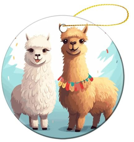 Weihnachtsschmuck Lama Alpaka Keramik Ornament Christbaumschmuck Kreis Hängende Ornament für Weihnachtsbäume Hängende Porzellan Ornament für Weihnachten