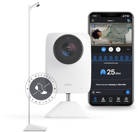 Miku Monitor de bebé Pro Smart Video con cámara, soporte de pared y soporte de suelo, seguimiento de respiración y sueño, alertas sin contacto, análisis del sueño para bebés, requiere membresía pagada