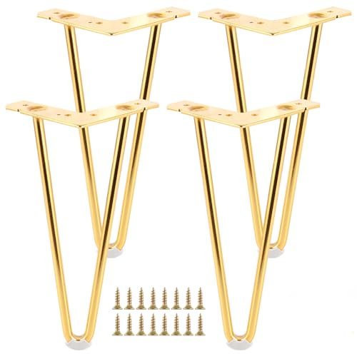 FWEEK Lot de 4 pieds de meubles dorés en épingle à cheveux - 25 cm - Grands pieds de meubles dorés en épingle à cheveux - En métal - Pour canapé, bureau, table de chevet, banc, armoire