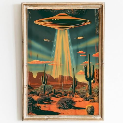 Desert Landscape Pictures Ufo Canvas Wall Art Desert Cactus Painting Alien Ufo Desert Poster Vintage Ufo Wall Art Trippy Spaceship Canvas Picture Vintage Desert Artwork for Wall 16x24inch No Frame