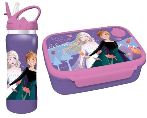 Diakakis Disney Frozen Kids Childrens Lunch Box Set – Sandwich Box & Stainless Steel Water Bottle 500ml - School Travel Lunch Food Set, BPA Free
