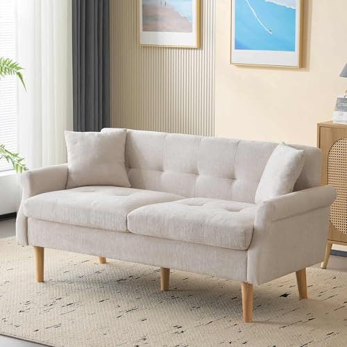 Sweiko Canapé d'angle Compact et Confortable en Chenille, pour Petits Espaces avec Assise Rembourrée et Pieds en Bois Massif, Montage Facile (Beige)