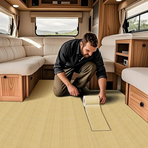 VFGFDJNDFX Rivestimento Pavimento Pvc Adesivo Per Camper, Antiscivolo Effetto Legno Linoleum Pavimenti Rotolo A Metro Per Caravan Motorhome (Beige caldo,60 * 500cm)
