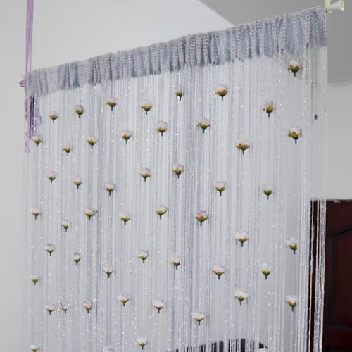 Mateju Rose Flowers String Door Curtains Set of 2 for Doorways Windows, 39x79 in Fly Screen Curtains Decorative Tassel Curtain Room Divider, Bedroom Livingroom Closet Drapes (Silver grey)