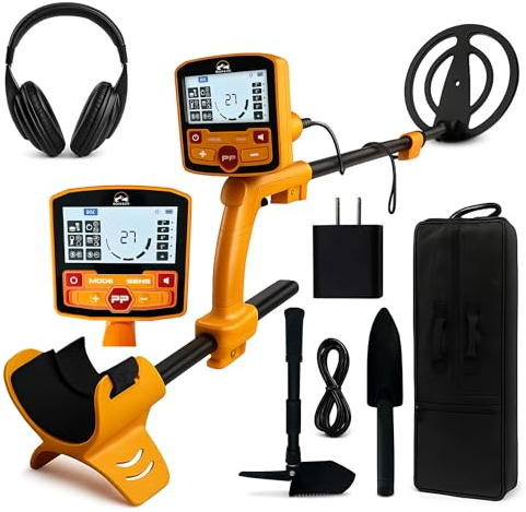 BoJa&Co Détecteur de métaux pour adultes avec pointeur à broches - Détecteur d'or professionnel étanche, kit rechargeable avec 5 modes, casque, sac de transport, pelle 4 en 1 et pinpointer