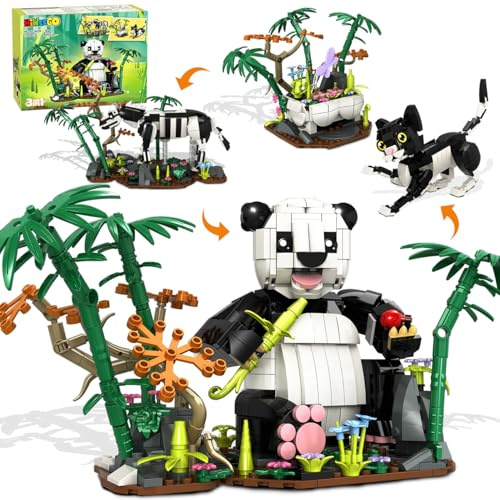 HiWEEGO 3 in 1 Wilde Tiere Panda Bausatz – 724 Teile Tierfiguren Panda Katze Zebra Bausteinspielzeug Zuhause Büro Dekoration Modell Geburtstag Kinder Jungen Mädchen 9-12+ Jahren