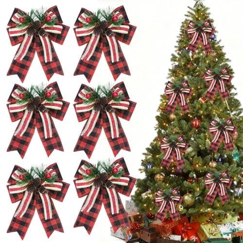 Schleifen Weihnachtsbaum, 6 Stück Rote Schleifen Weihnachten, Weihnachtsbaum Deko, Weihnachtsbaums Schleifen Rot, Schleife Weihnachten, Christbaumschmuck Schleifens für Girlande, Kamin, Zaun, Haustür