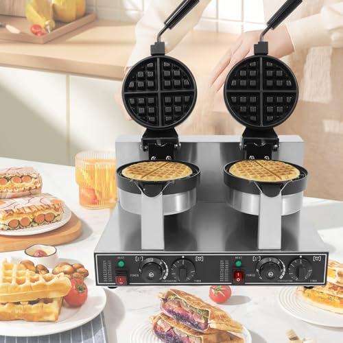 Commercial Large Waffle Maker, Double Rotating Waffle Iron with 7.9” Non-Stick Molds, 2400W Power, 50-300℃ Control, 110V/220V – For Restaurants, Snack Stalls & Home Use