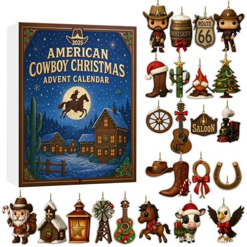 American Cowboy Weihnachts Adventskalender 2025 - 24 Tage Western Holiday Fun mit Rustikalen Cowboy Ornamenten, Adventskalender, Festliche Feiertagsdekoration für Zuhause, Baum & Geschenk