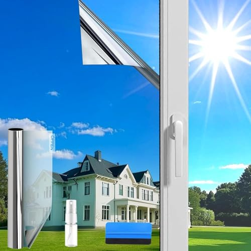 Evofensteere(44.5X200cm Silver) One Way Window Film Privacy Film,Sun Blocker Anti Glare UV Window Film Self Adhesive for Home and Office with Tools,Heat Reflective Mirror Window Tint Film Anti Glare