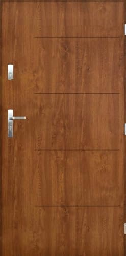 Haustür 90x200 cm DIN Rechts - Eingangstür 55mm mit Dichtungen und EPS-Kern - Stahltür Wärmedämmung 1,5 Ud - Komplettset inkl. Zarge und Drücker - Außentür mit Nano-Beschichtung - Samba Goldene Eiche
