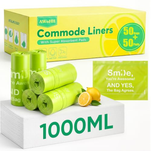 50 Pcs Bedside Commode Liners with Absorbent Pads, Tear-Free Leak-Proof Lemon Scented Commode Liners and Pads, Odor-Free Portable Toilet Liners & Potty Chair Bags for Disposable Adult, Bedpan