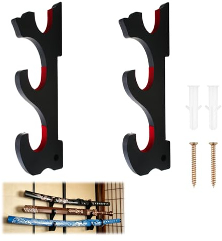 Supporto per Spada a 3 Livelli Velluto Rosso, Porta Katana Parete in Legno | Espositore Samurai per Wakizashi Tanto Sciabola, Staffa Muro Decorativa Collezione Casa Studio Arti Marziali Hobby