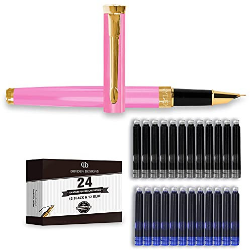 Dryden Designs Fountain Pen Fine Nib - Includes 24 Ink Cartridges - 12 Black and 12 Blue - Pink - Smooth Elegant Writing with Ink Converters