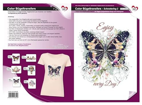 Ideen mit Herz Color Bügeltransfers, DIN A4, filigran ohne Hintergund | Textilien wie T-Shirts & Taschen mit Bügelmotiven verzieren | Bilder einfach aufbügeln | DIY Textildesign (Schmetterling 2)